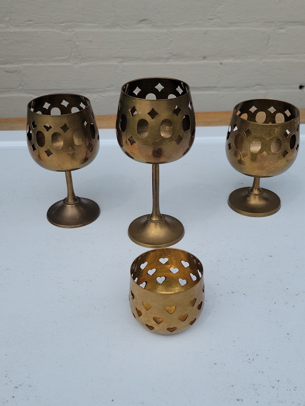 Gold Metal Brass Heart & Geometric Cutout Candle Holders Set of 4 Made In India